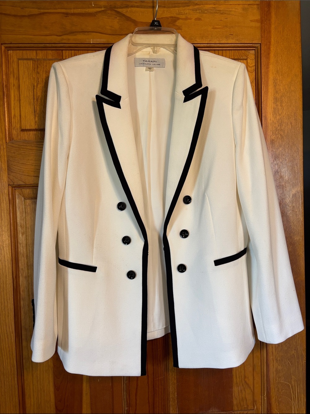 Tahari White Double-Breasted Blazer with Black Trim